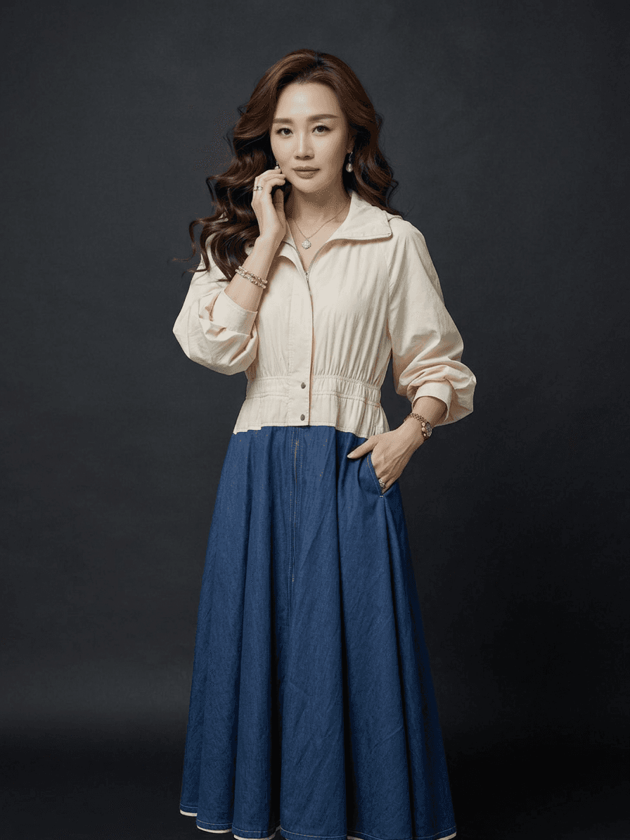 아이보리 후드 배색 데님 원피스 - 1