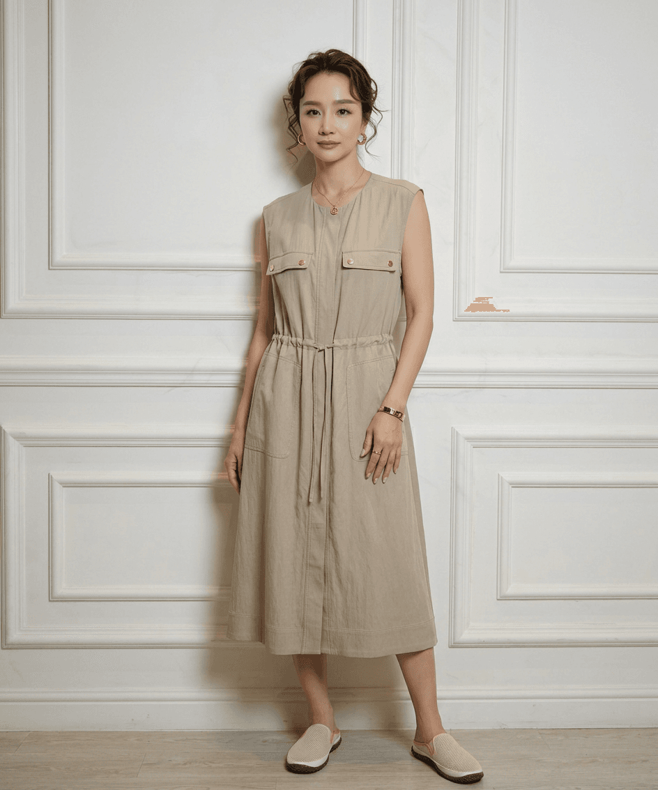 베이지 슬리브리스 스트링 원피스 - 1