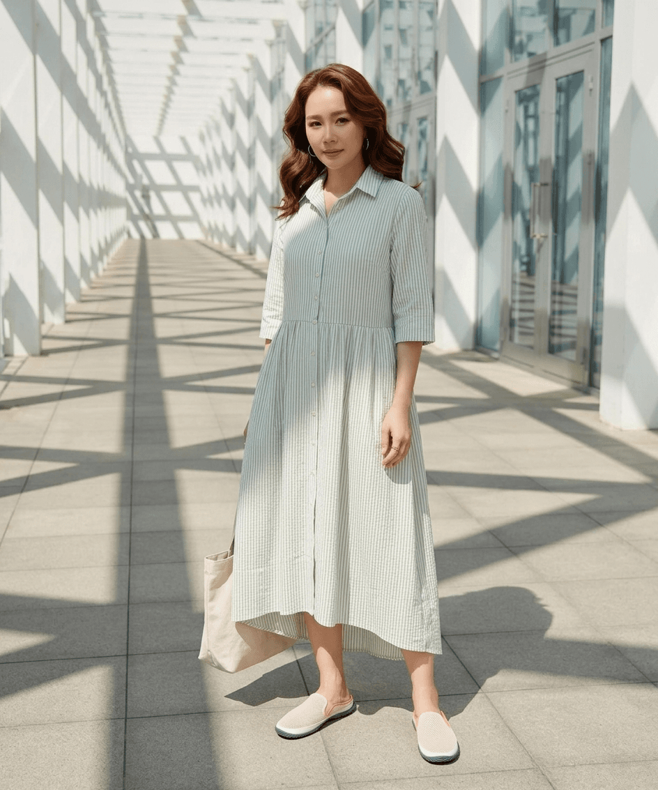 그린 스트라이프 셔츠 원피스 - 1