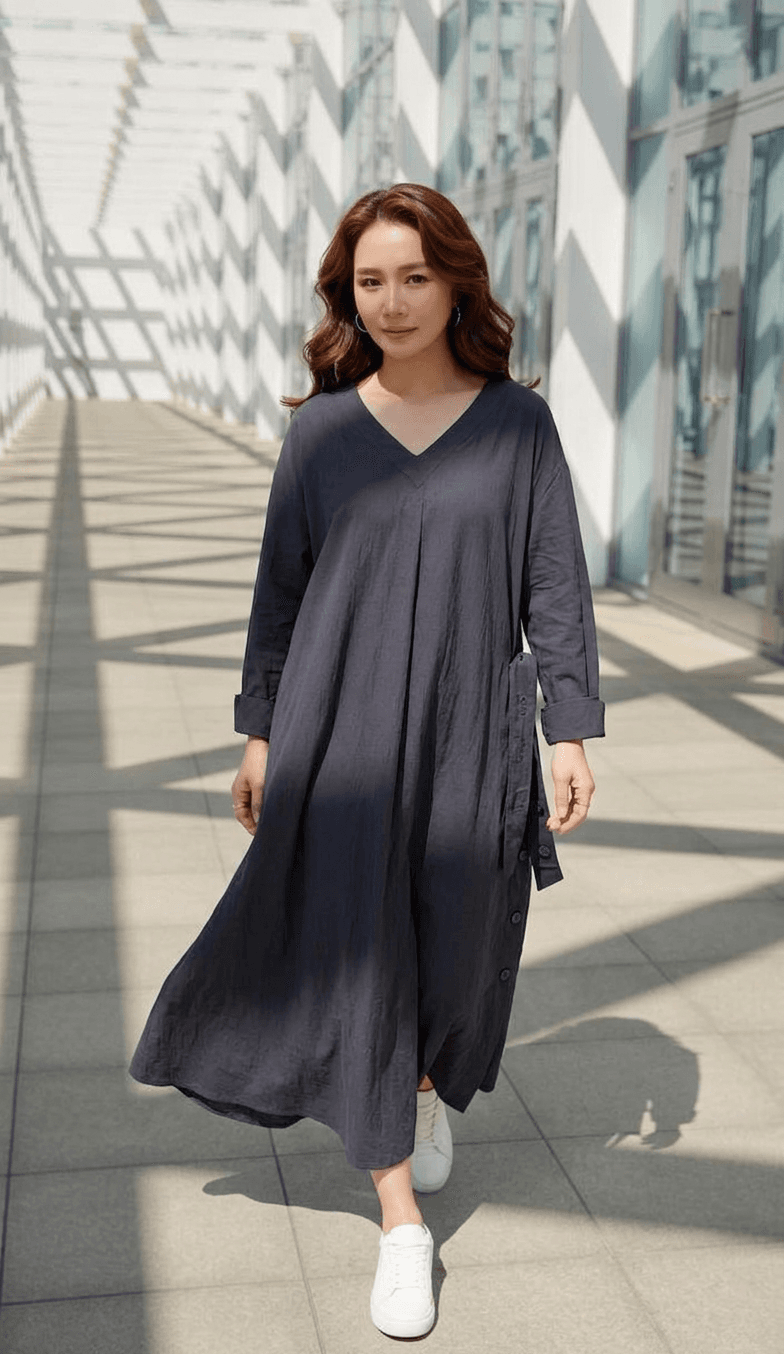 블랙 브이넥 버튼 원피스 - 1